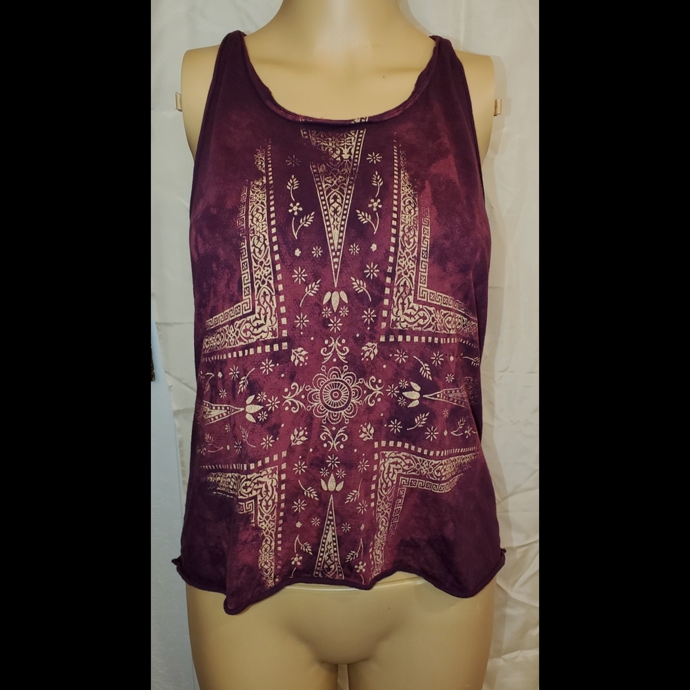 TITLE UNKNOWN Brand Cotton Tank BoHo Burgundy Gold Pattern Size Small